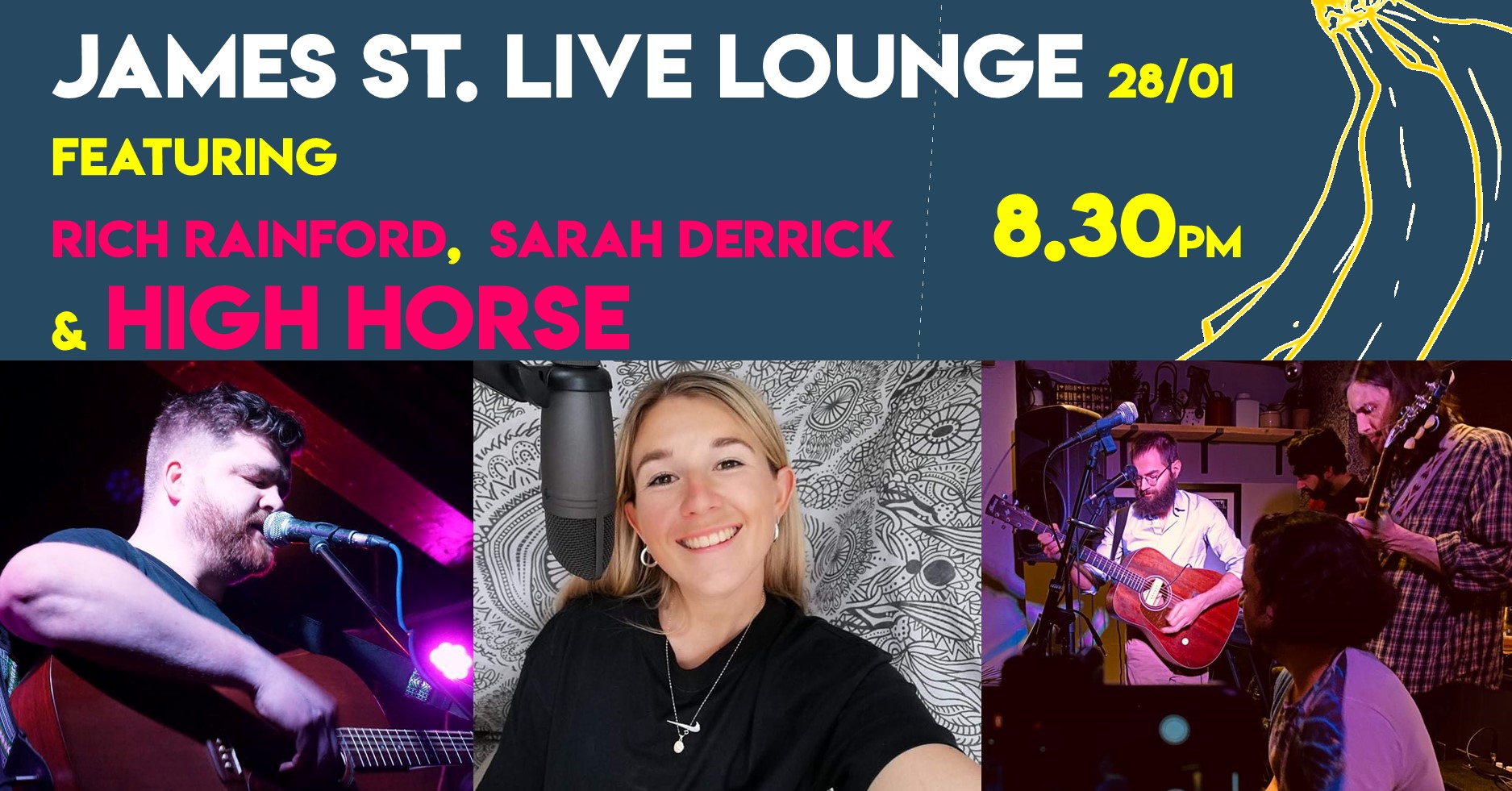 Live Lounge banner with Rich Rainford, Sarah Derrick, and High Horse